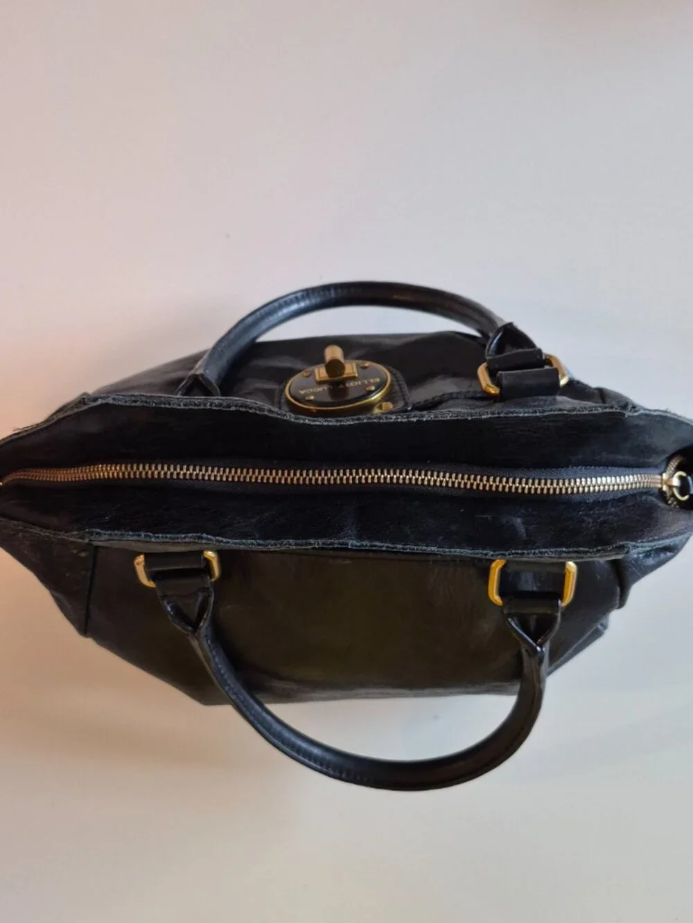 Elliott Lucca Black Genuine Leather Satchel Gold Turn Lock Handbag Purse